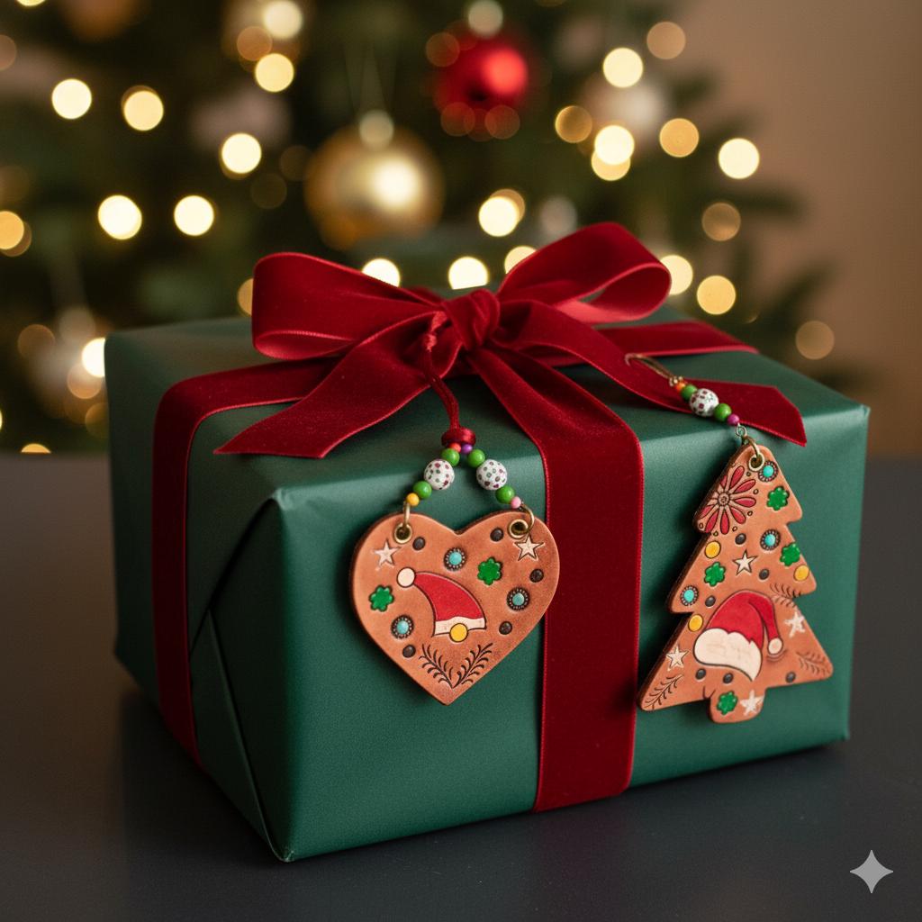 Handmade Leather Christmas Decoration: Hand-Painted Tree, Heart, or Round Design, Rustic Holiday Decor - JayKayBoutiqueOnline