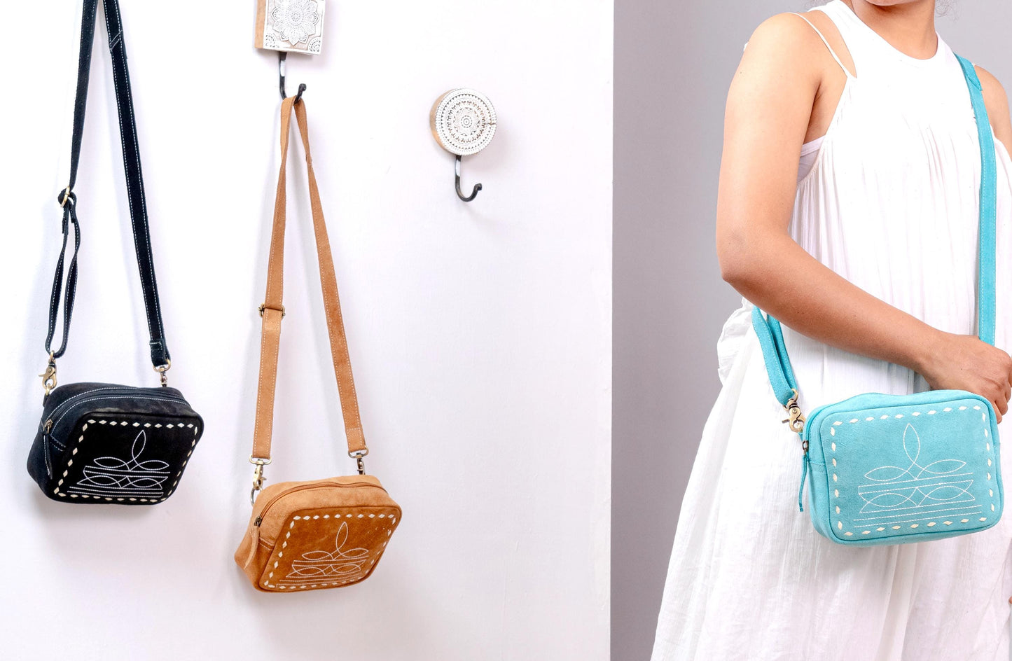 Western Style Suede Crossbody Bag | Boot Stitch Handbag with Zipped Pockets - Available in Tan, Black, Turquoise - JayKayBoutiqueOnline