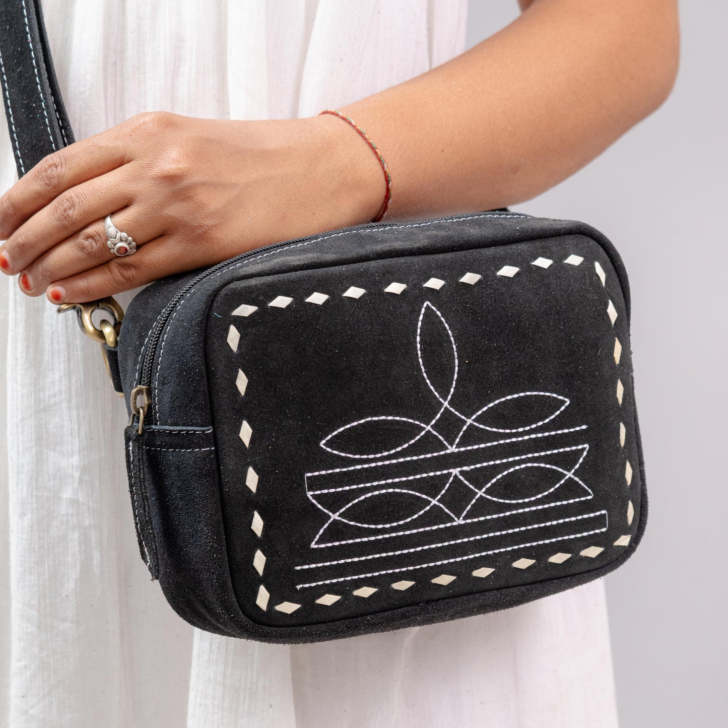 Western Style Suede Crossbody Bag | Boot Stitch Handbag with Zipped Pockets - Available in Tan, Black, Turquoise - JayKayBoutiqueOnline