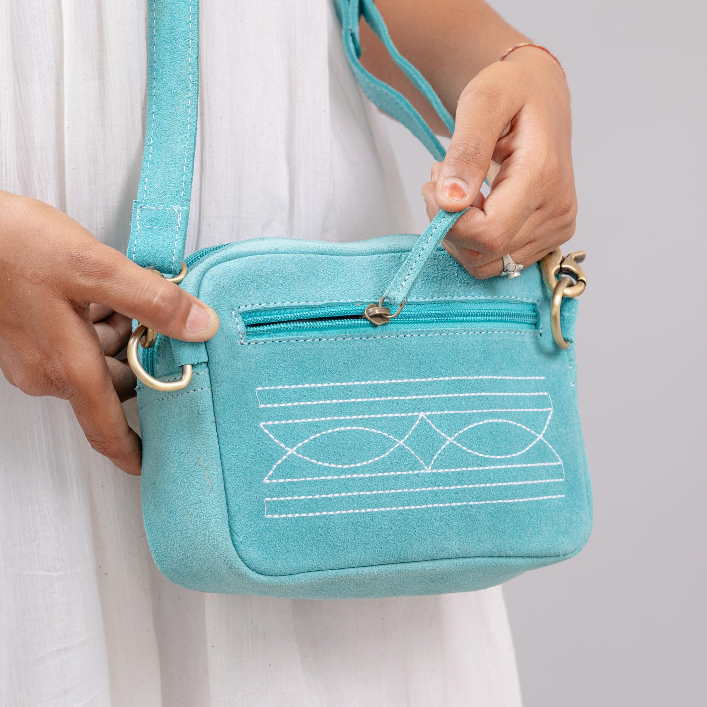 Western Style Suede Crossbody Bag | Boot Stitch Handbag with Zipped Pockets - Available in Tan, Black, Turquoise - JayKayBoutiqueOnline