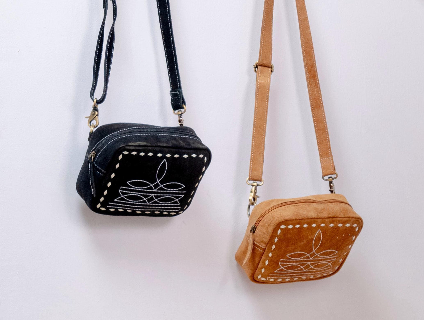 Western Style Suede Crossbody Bag | Boot Stitch Handbag with Zipped Pockets - Available in Tan, Black, Turquoise - JayKayBoutiqueOnline
