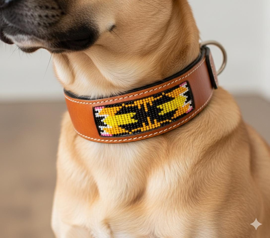Beaded Leather Beaded Dog Collar with Hand Tooled Design - JayKayBoutiqueOnline