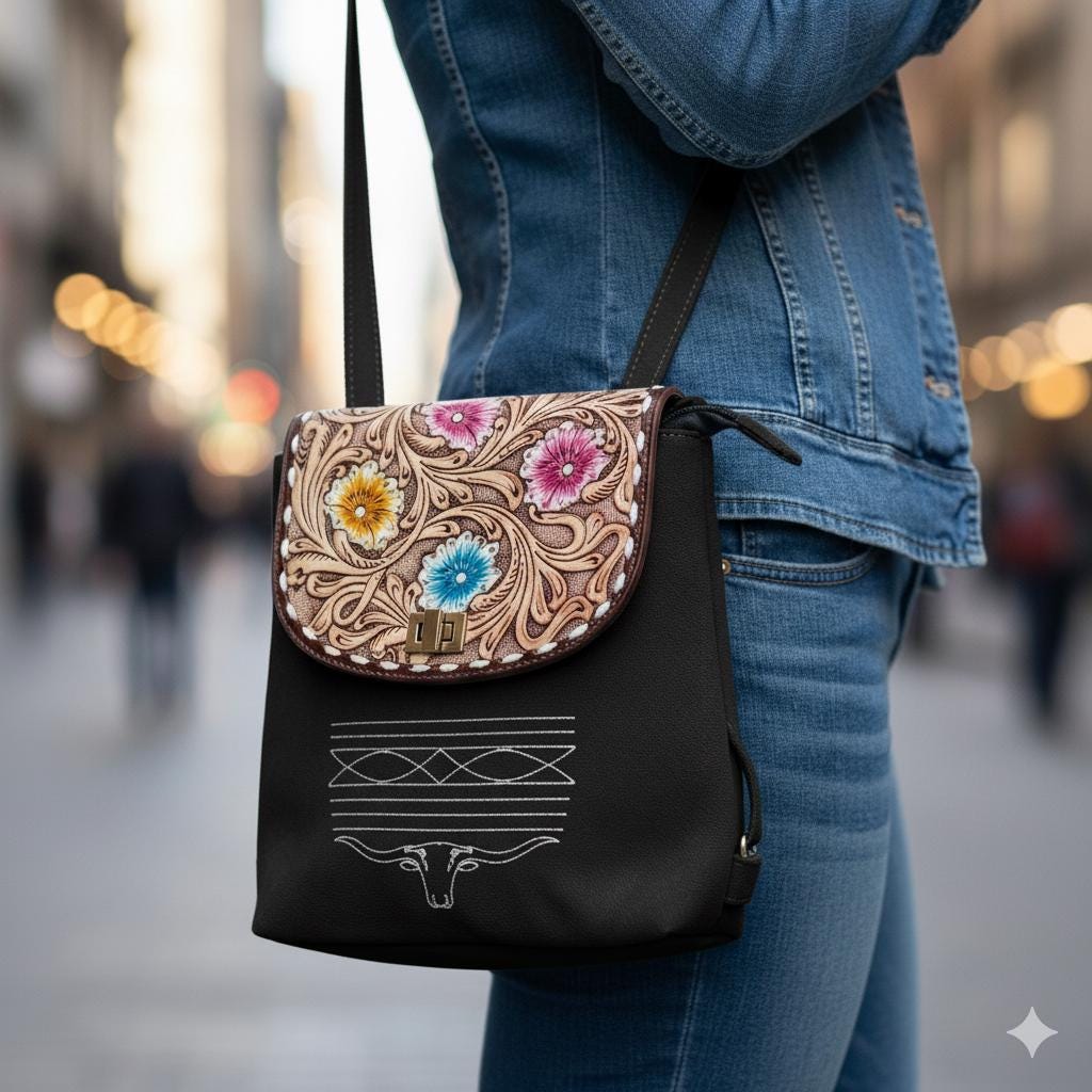 2 in 1 Leather Suede Backpack with Hand-Tooled Design - JayKayBoutiqueOnline