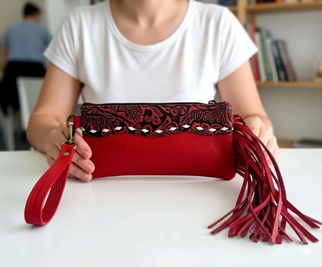 Tooled Leather Pencil Case Clutch - JayKayBoutiqueOnline
