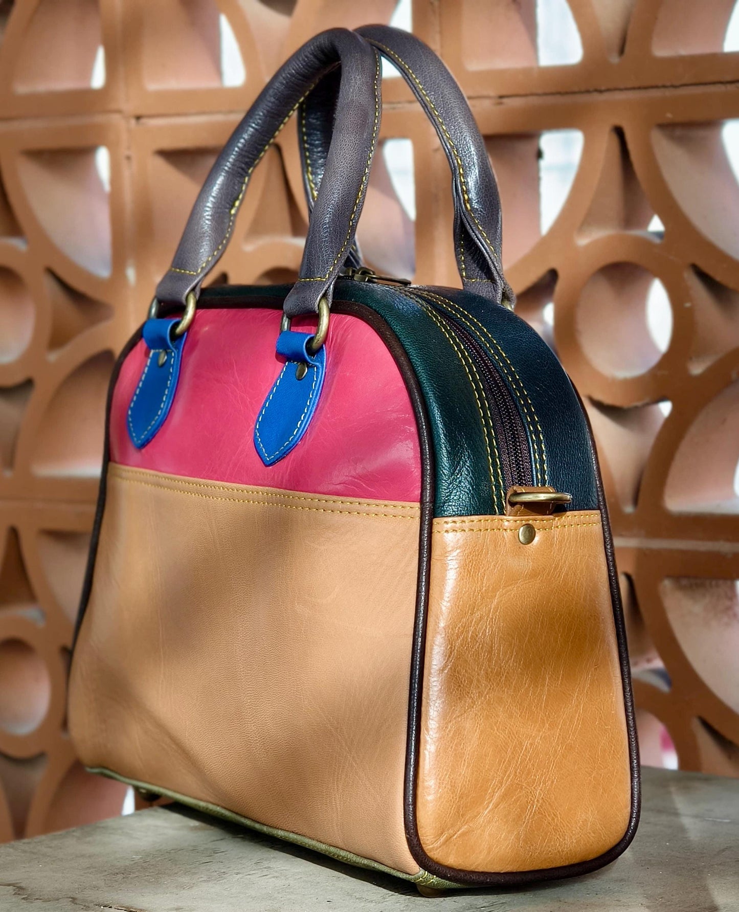 Coloured Leather Top Handle Leather Handbag: Vintage Style, Adjustable Strap - JayKayBoutiqueOnline