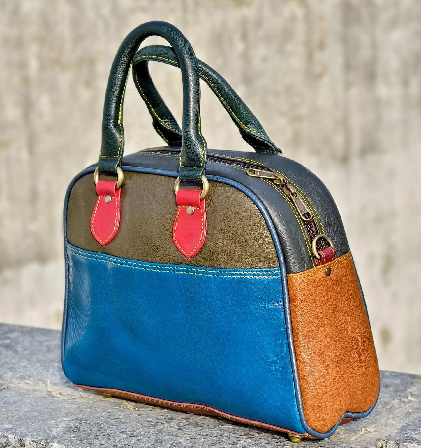 Coloured Leather Top Handle Leather Handbag: Vintage Style, Adjustable Strap - JayKayBoutiqueOnline