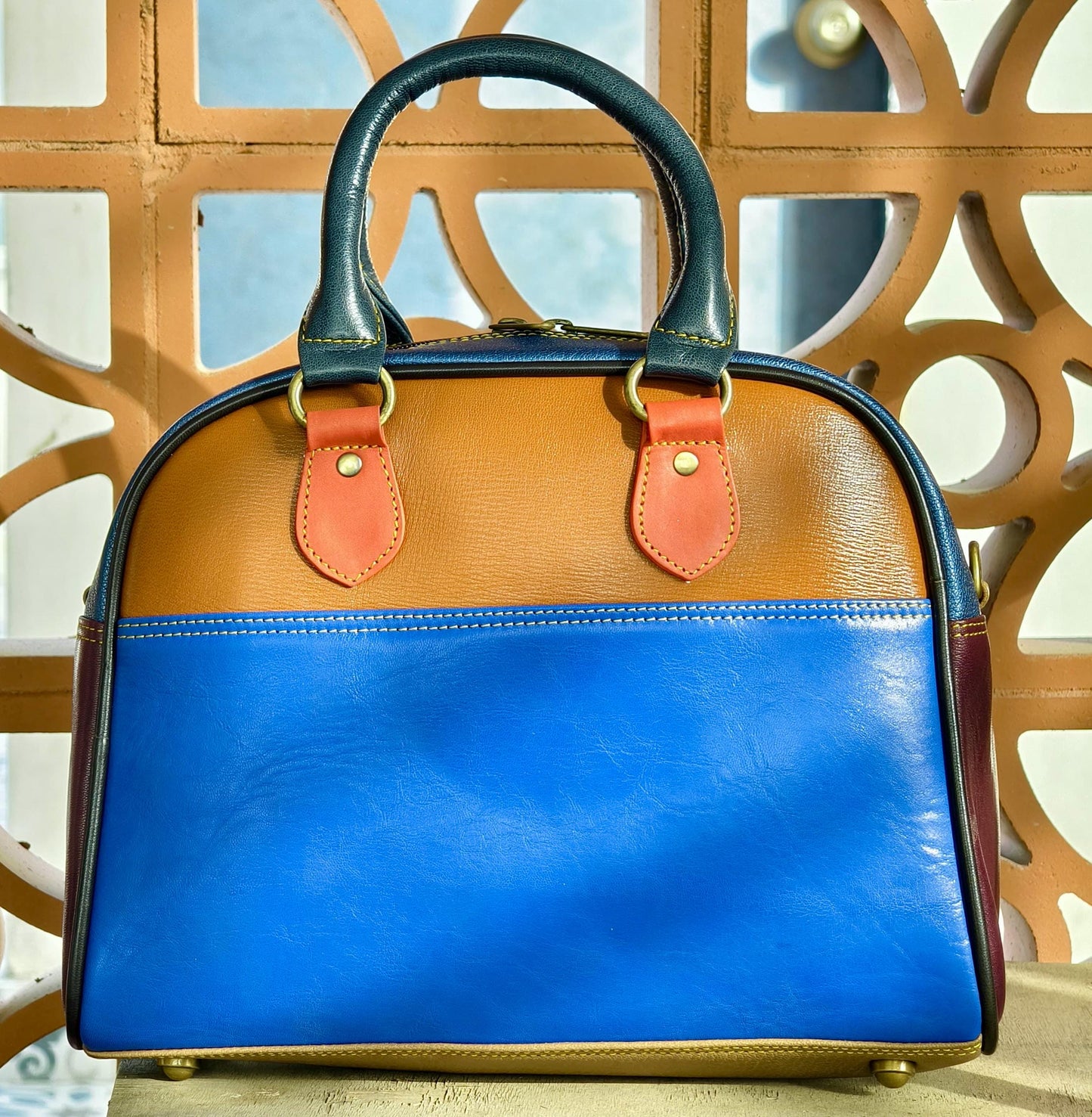 Coloured Leather Top Handle Leather Handbag: Vintage Style, Adjustable Strap - JayKayBoutiqueOnline