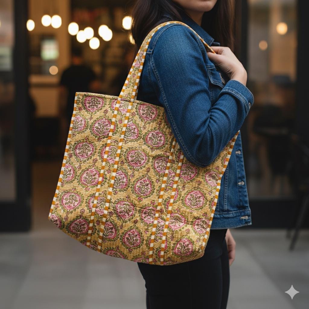 Cotton Quilted Tote Bag - JayKayBoutiqueOnline