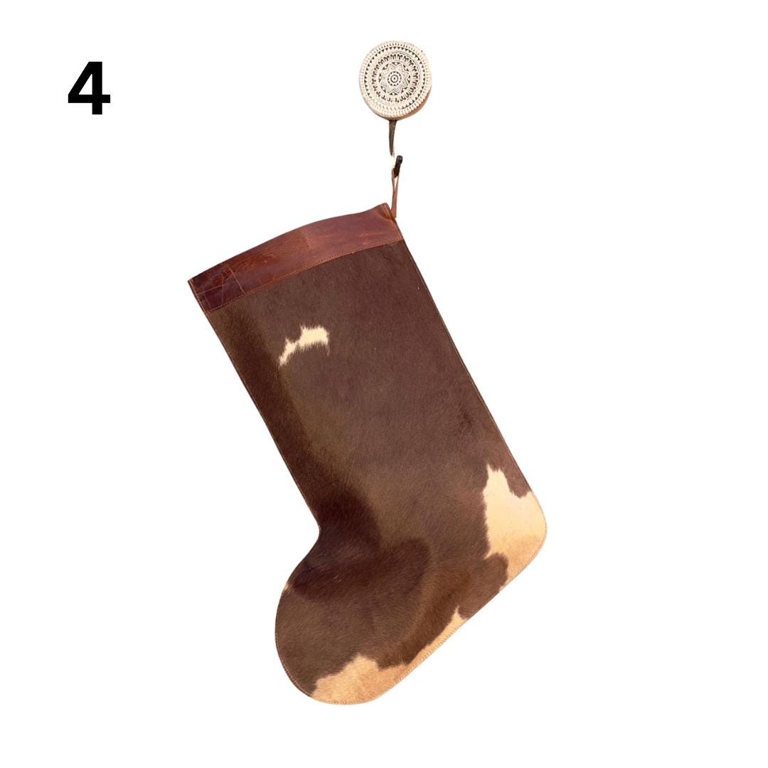 Handmade Cowhide Christmas Stockings with Leather Top: Brown or Black Cowhide, Large Christmas Stocking 50x41cm (20x16in) - JayKayBoutiqueOnline