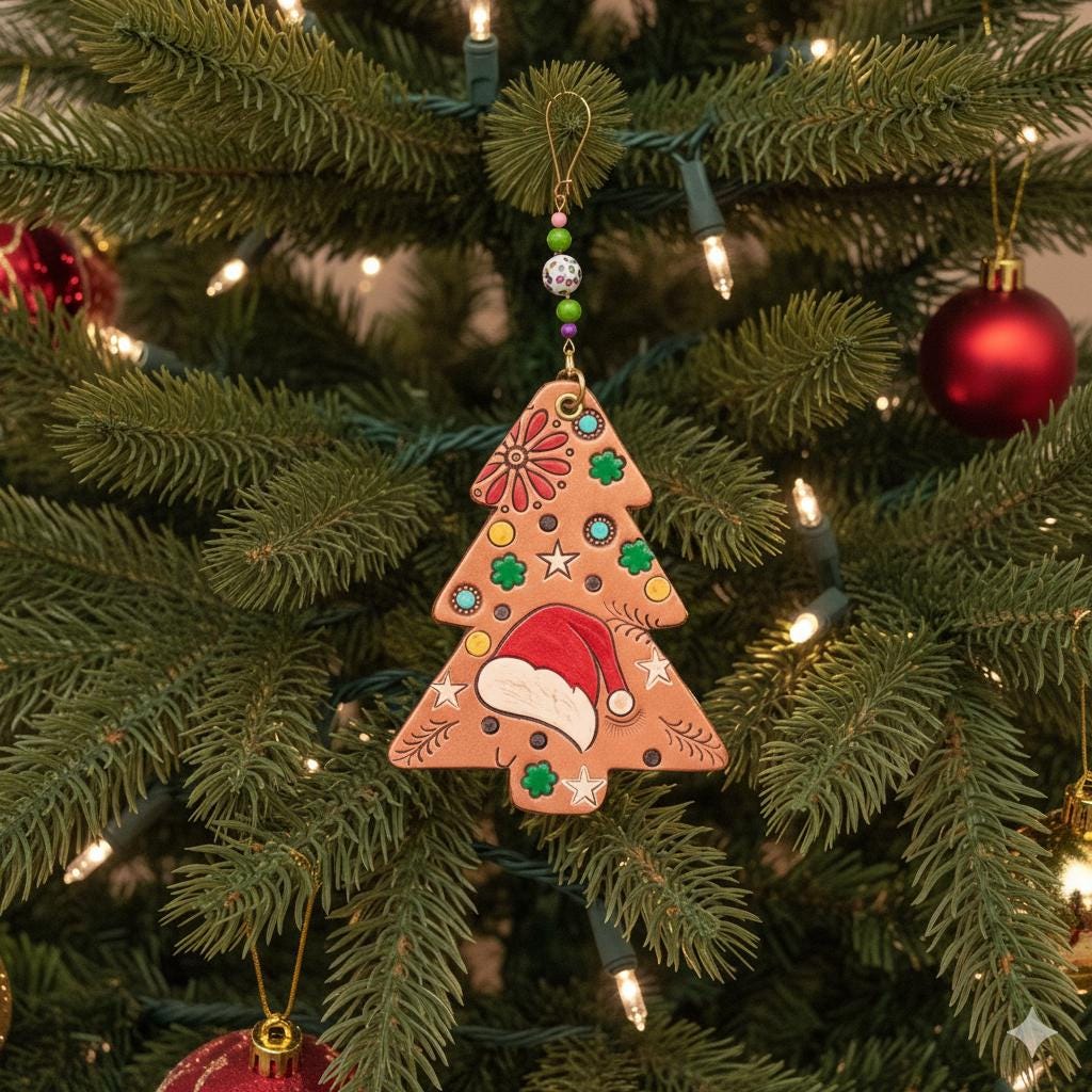Handmade Leather Christmas Decoration: Hand-Painted Tree, Heart, or Round Design, Rustic Holiday Decor - JayKayBoutiqueOnline