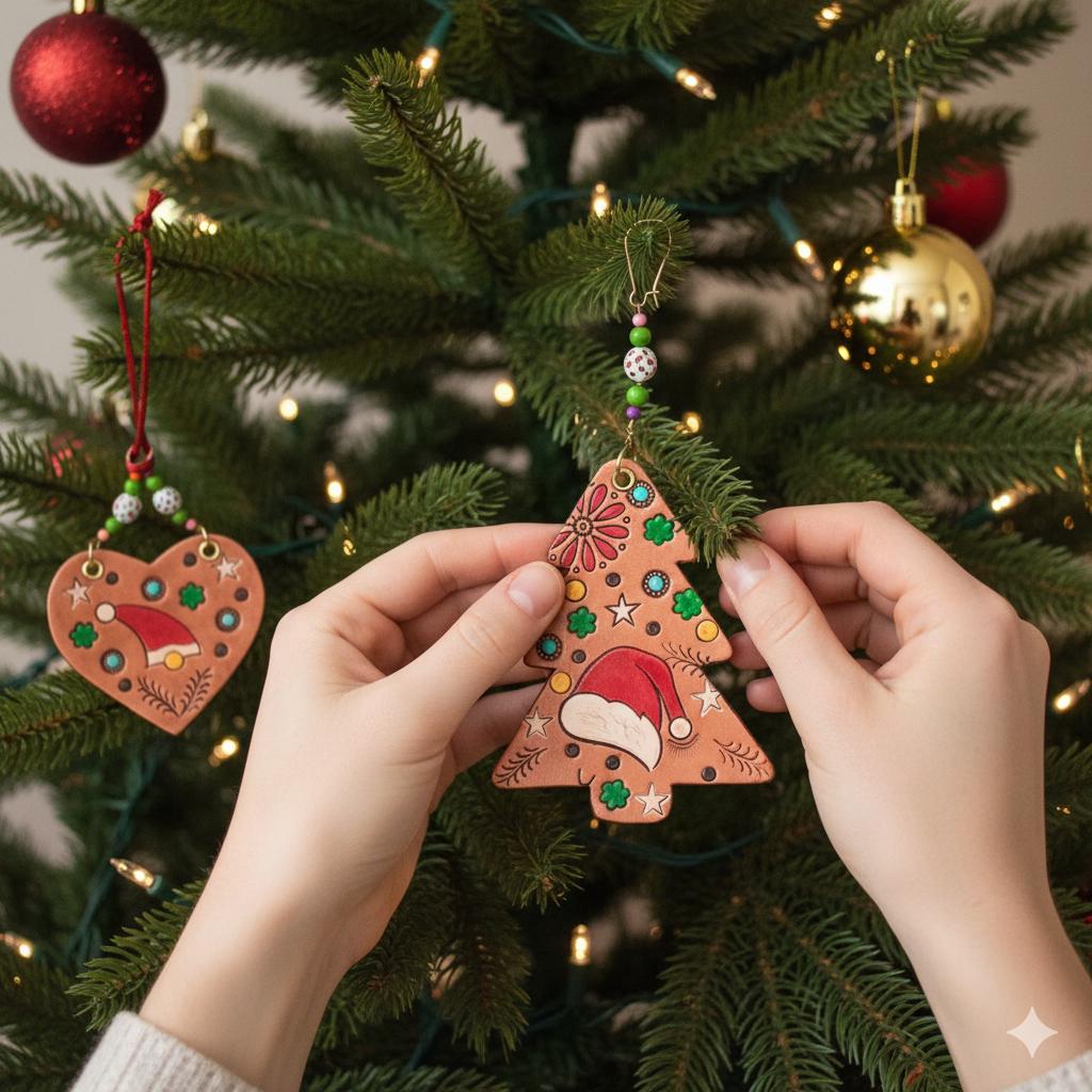 Handmade Leather Christmas Decoration: Hand-Painted Tree, Heart, or Round Design, Rustic Holiday Decor - JayKayBoutiqueOnline