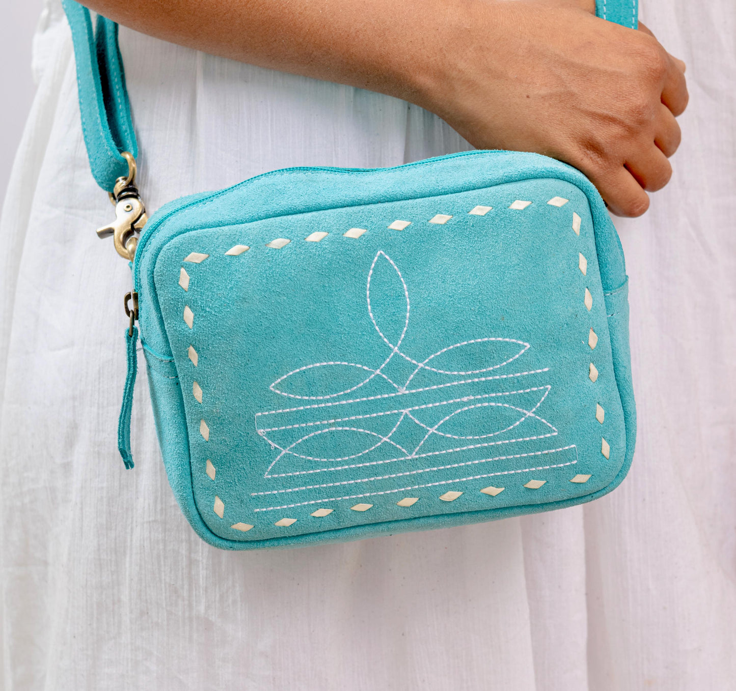 Western Style Suede Crossbody Bag | Boot Stitch Handbag with Zipped Pockets - Available in Tan, Black, Turquoise - JayKayBoutiqueOnline