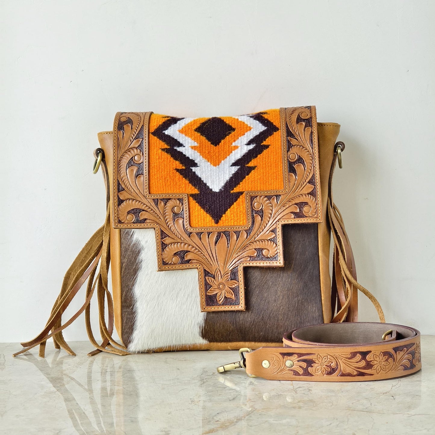 Hand Tooled Leather Cowhide Shoulder Bag - JayKayBoutiqueOnline