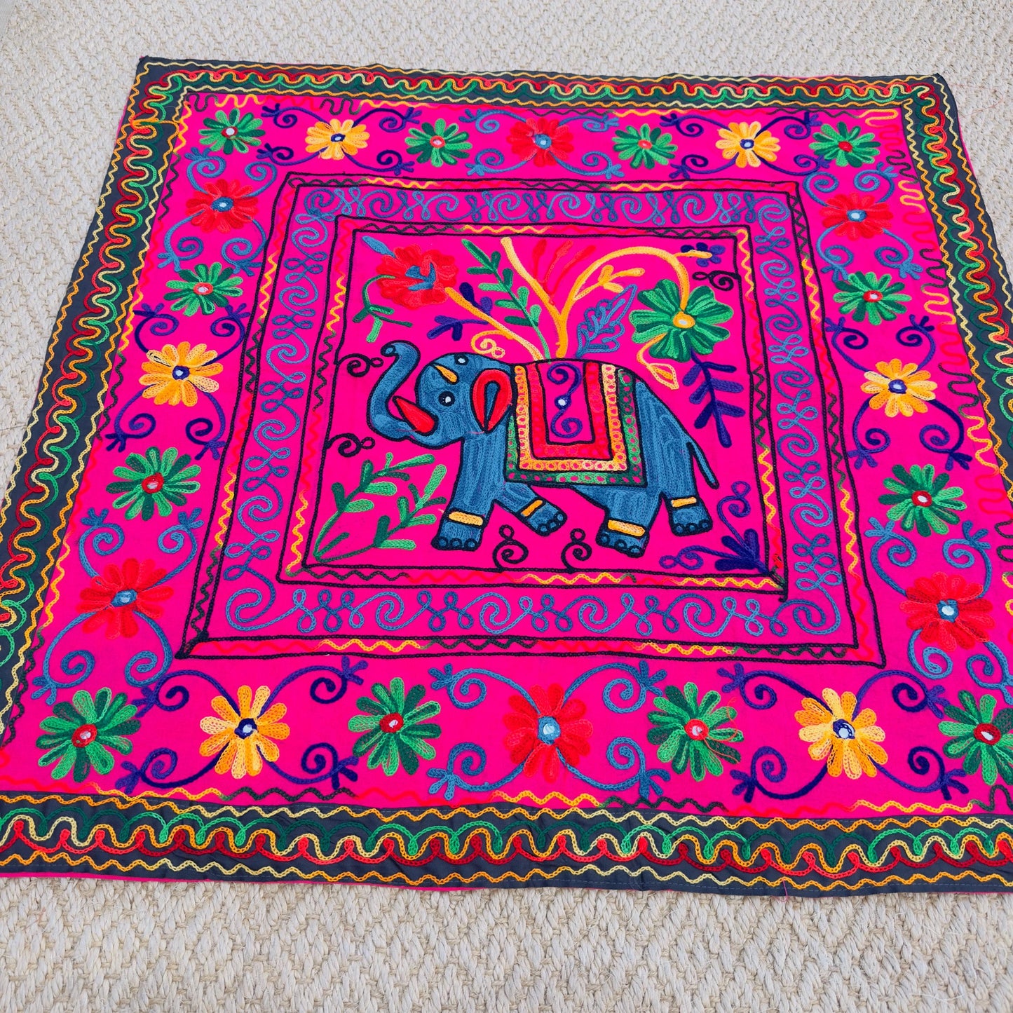 Elephant Floral Hand Embroidered Tablecloth or Wall hanging - JayKayBoutiqueOnline