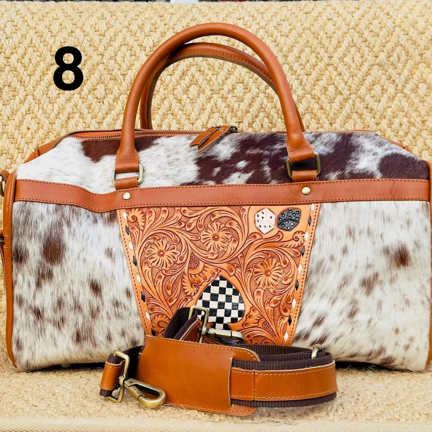 Hide & Leather Duffle Bag with Tooled Detailing in Black or Tan - JayKayBoutiqueOnline