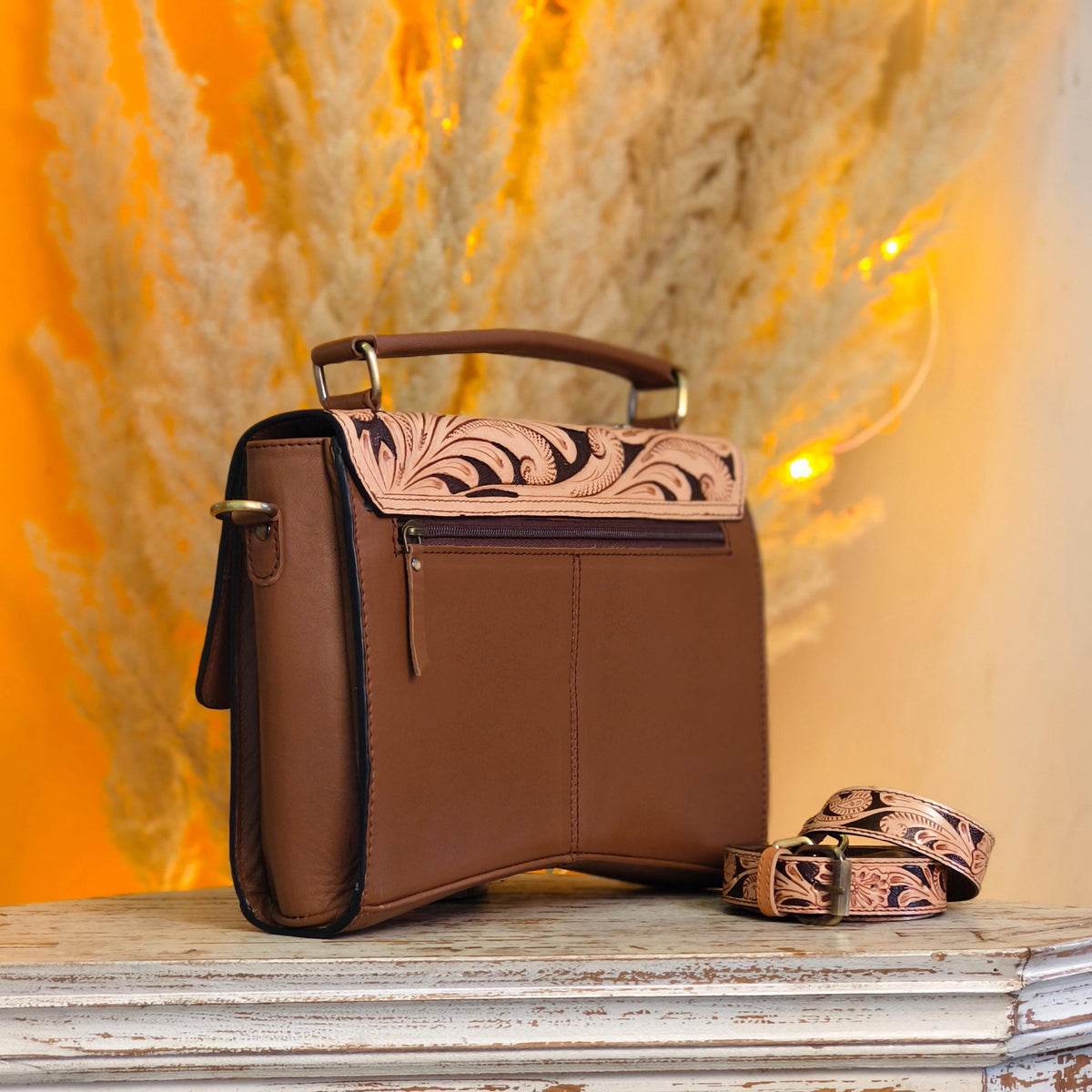 Hand Tooled Leather Moon Handbag, Studded - JayKayBoutiqueOnline