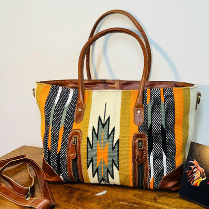 Western Style Blanket Shoulder Bag | Aztec Saddle Blanket Bag | Carpet Bag | Boho Large Shoulder Bag | Hand Tooled Blanket Shoulder Bag