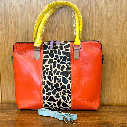 Recycled Leather Laptop Bag | coloured Leather Handbag with shoulder strap | Animal Print Bag |  womens laptop bag | Gift for her |