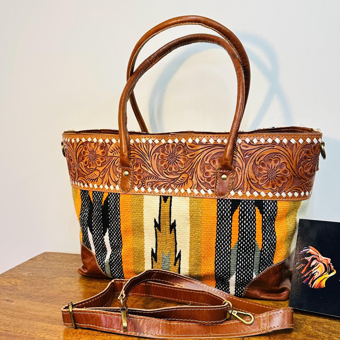 Western Style Blanket Shoulder Bag | Aztec Saddle Blanket Bag | Carpet Bag | Boho Large Shoulder Bag | Hand Tooled Blanket Shoulder Bag