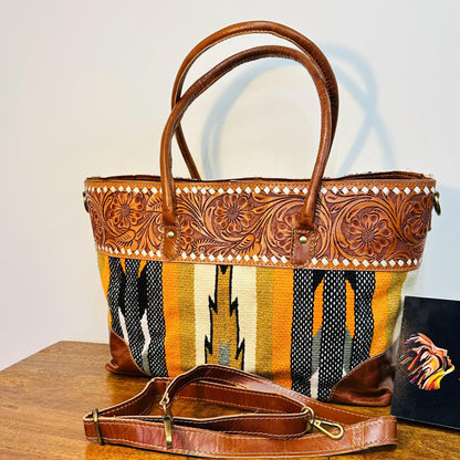 Western Style Blanket Shoulder Bag | Aztec Saddle Blanket Bag | Carpet Bag | Boho Large Shoulder Bag | Hand Tooled Blanket Shoulder Bag