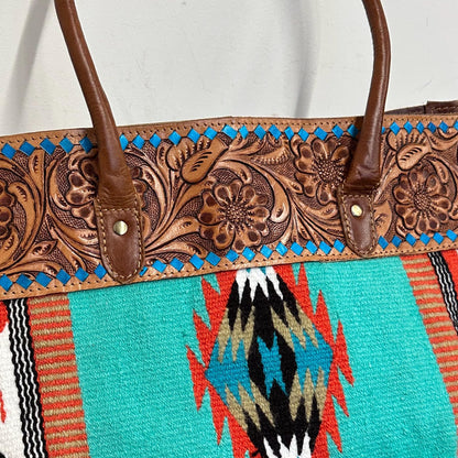 Western Style Blanket Shoulder Bag | Aztec Saddle Blanket Bag | Carpet Bag | Boho Large Shoulder Bag | Hand Tooled Blanket Shoulder Bag