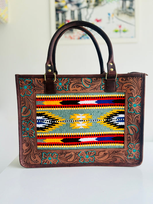 Western Style Leather Tote Saddle Blanket panel Bag - JayKayBoutiqueOnline
