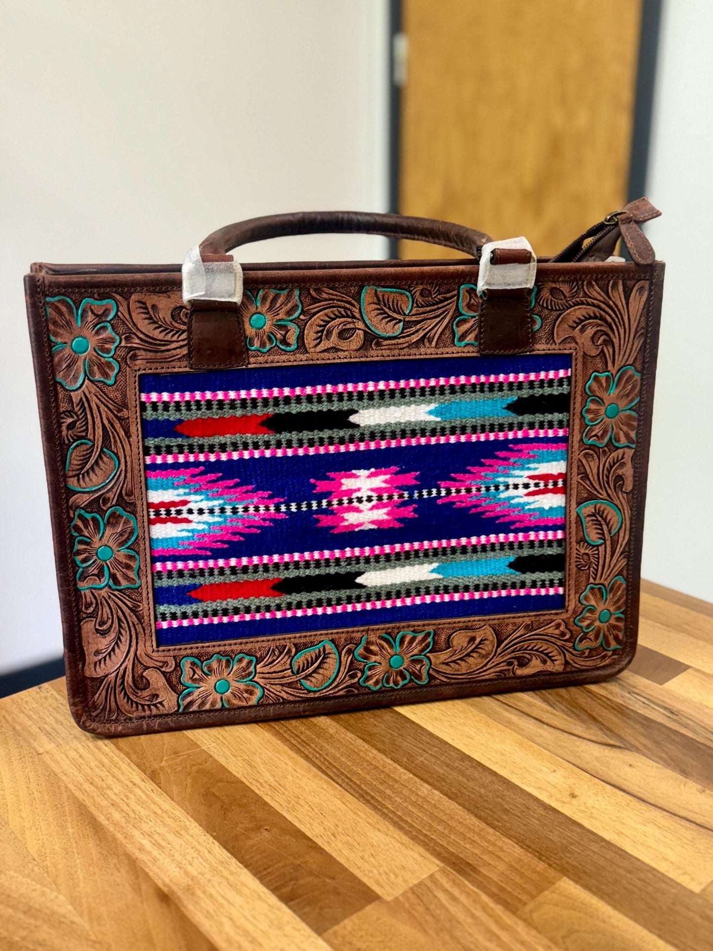Hand Tooled Leather Laptop Tote Briefcase Kilim Blanket Bag - JayKayBoutiqueOnline