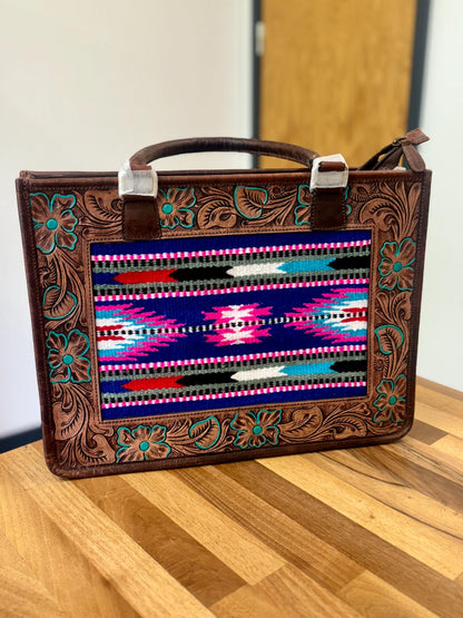 Hand Tooled Leather Laptop Tote Briefcase Kilim Blanket Bag - JayKayBoutiqueOnline