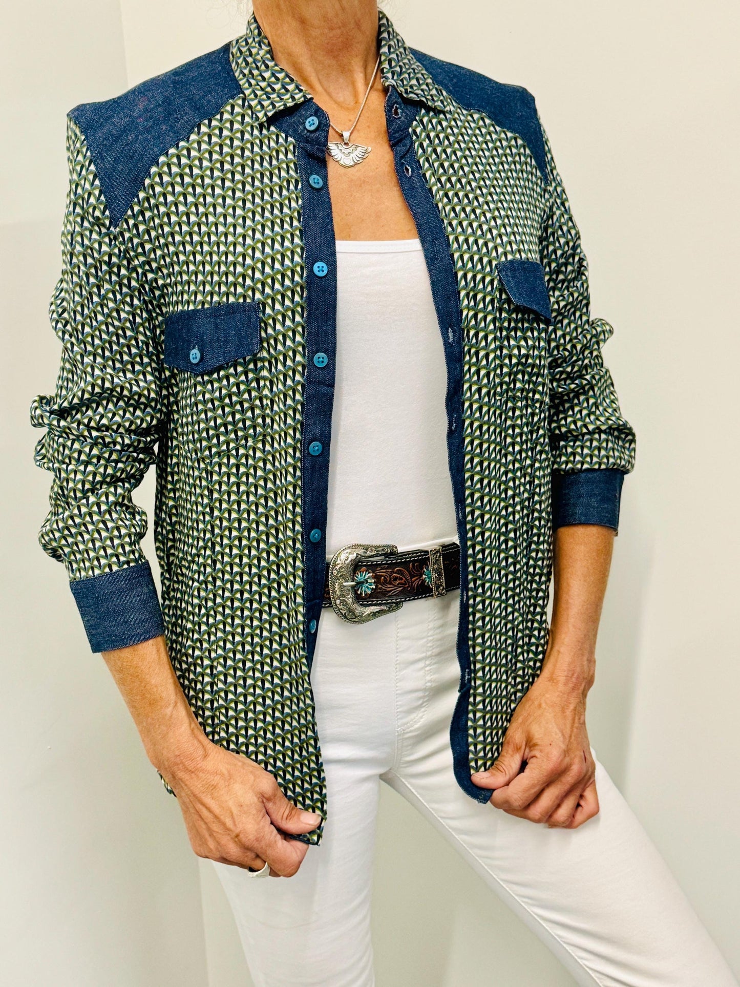 Western Denim Patch Shirt with Chest Pockets - JayKayBoutiqueOnline