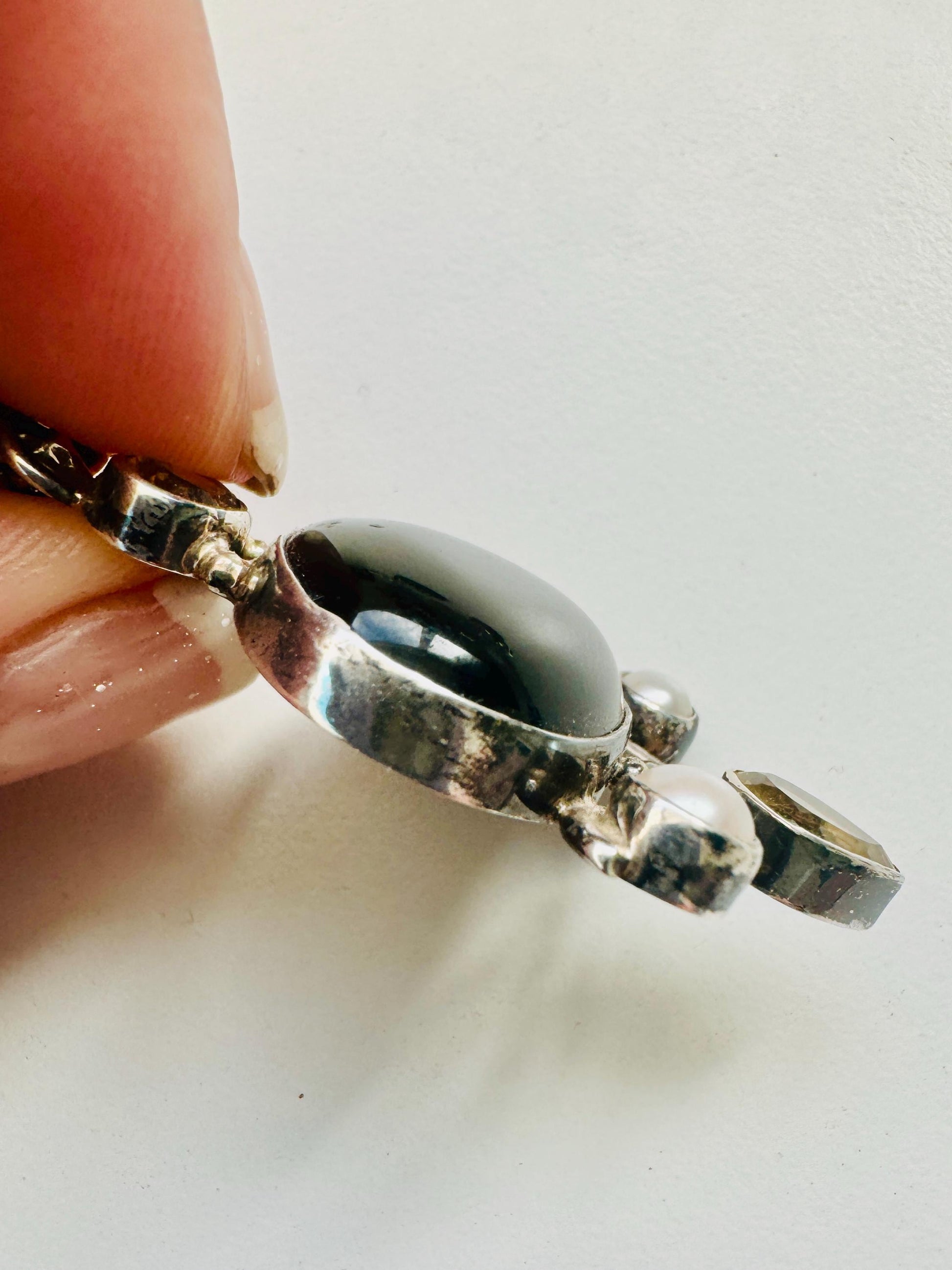 Black Onyx oval with Yellow Topaz and Natural Pearl Gemstones Hand Crafted 925 Silver Pendant | - JayKayBoutiqueOnline