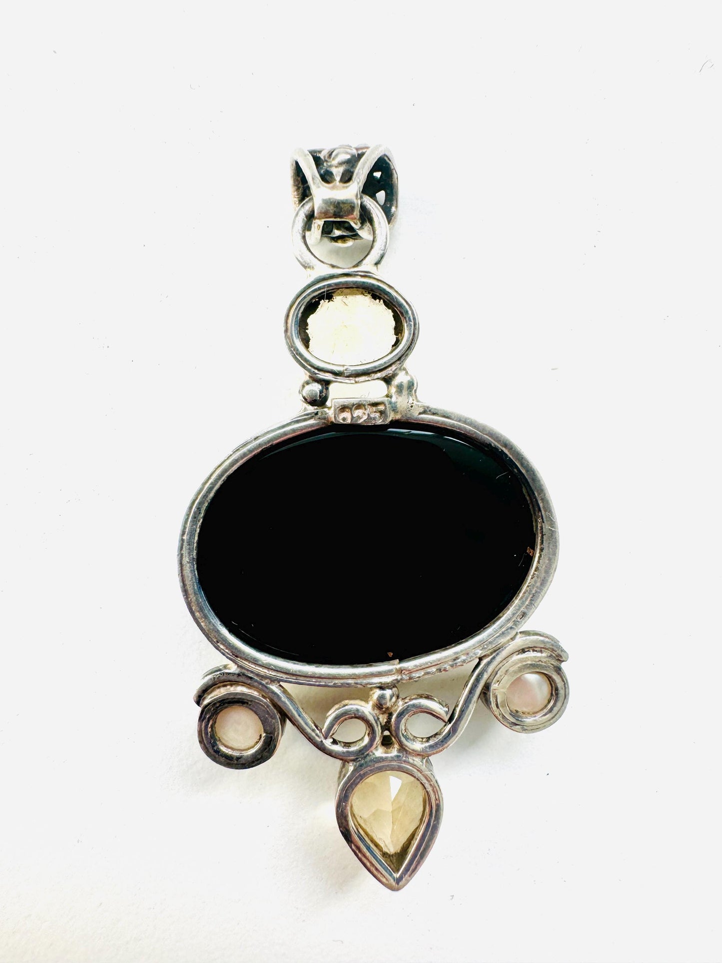 Black Onyx oval with Yellow Topaz and Natural Pearl Gemstones Hand Crafted 925 Silver Pendant | - JayKayBoutiqueOnline