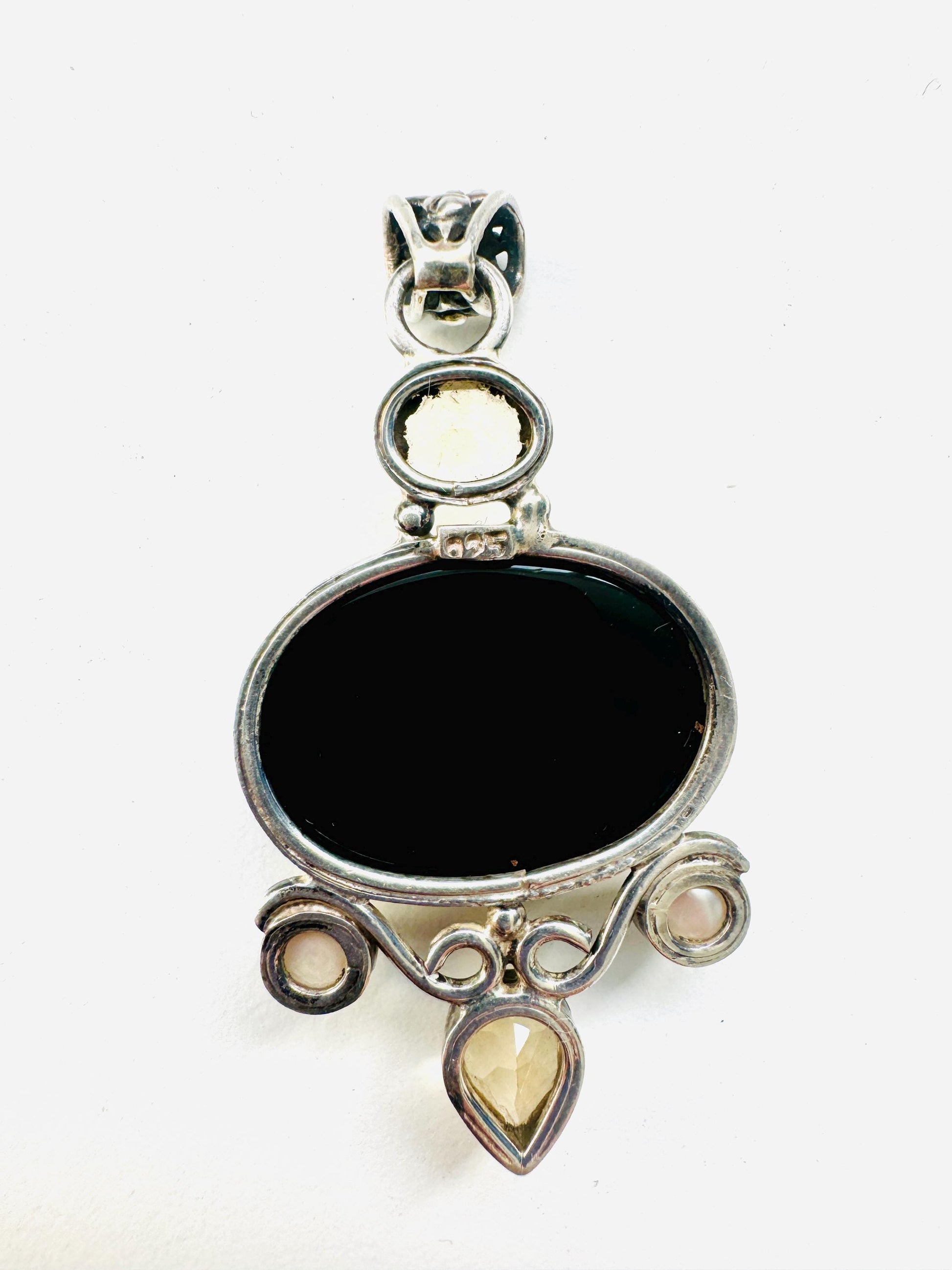 Black Onyx oval with Yellow Topaz and Natural Pearl Gemstones Hand Crafted 925 Silver Pendant | - JayKayBoutiqueOnline