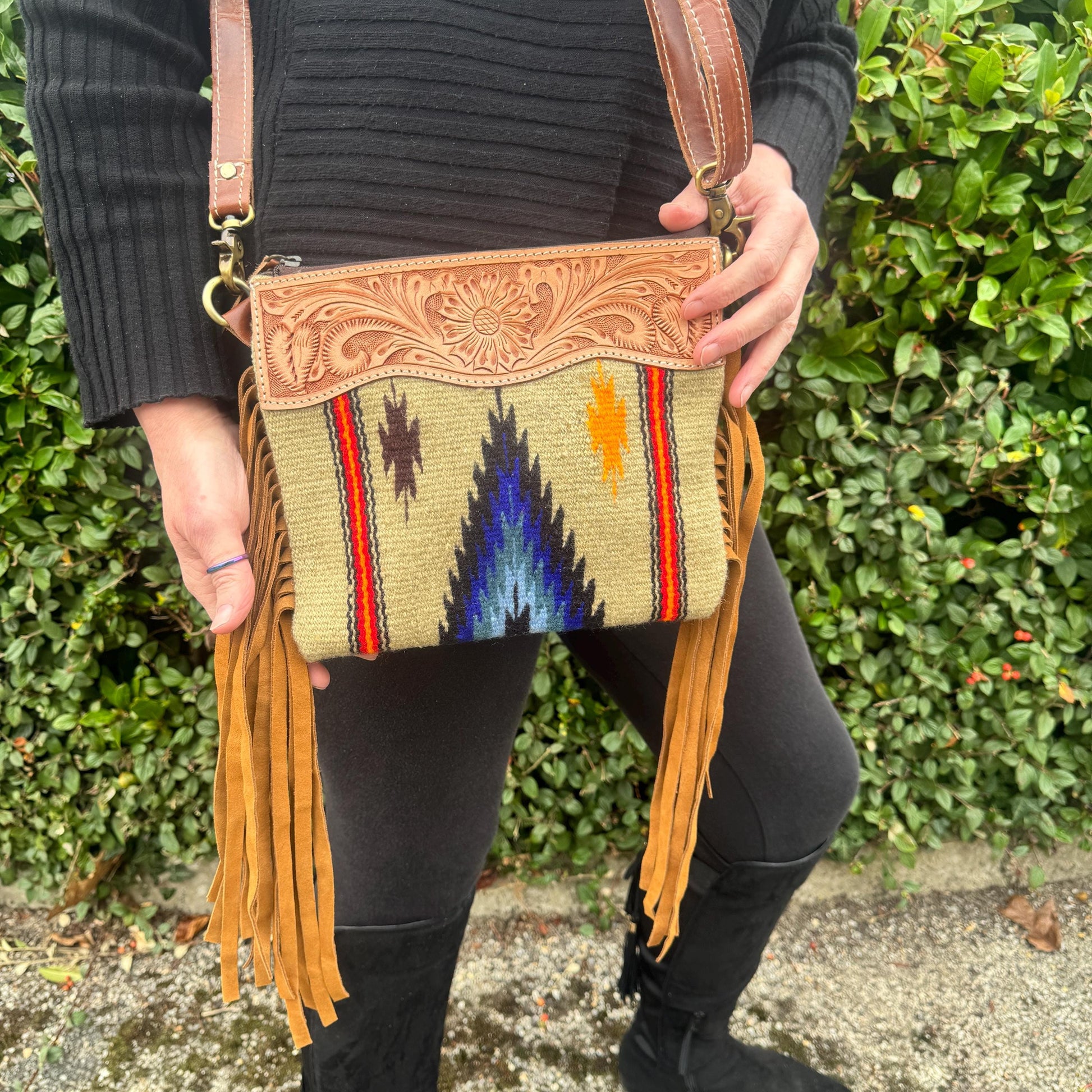 Hand Carved Leather Fringed Kilim Blanket Bag - JayKayBoutiqueOnline