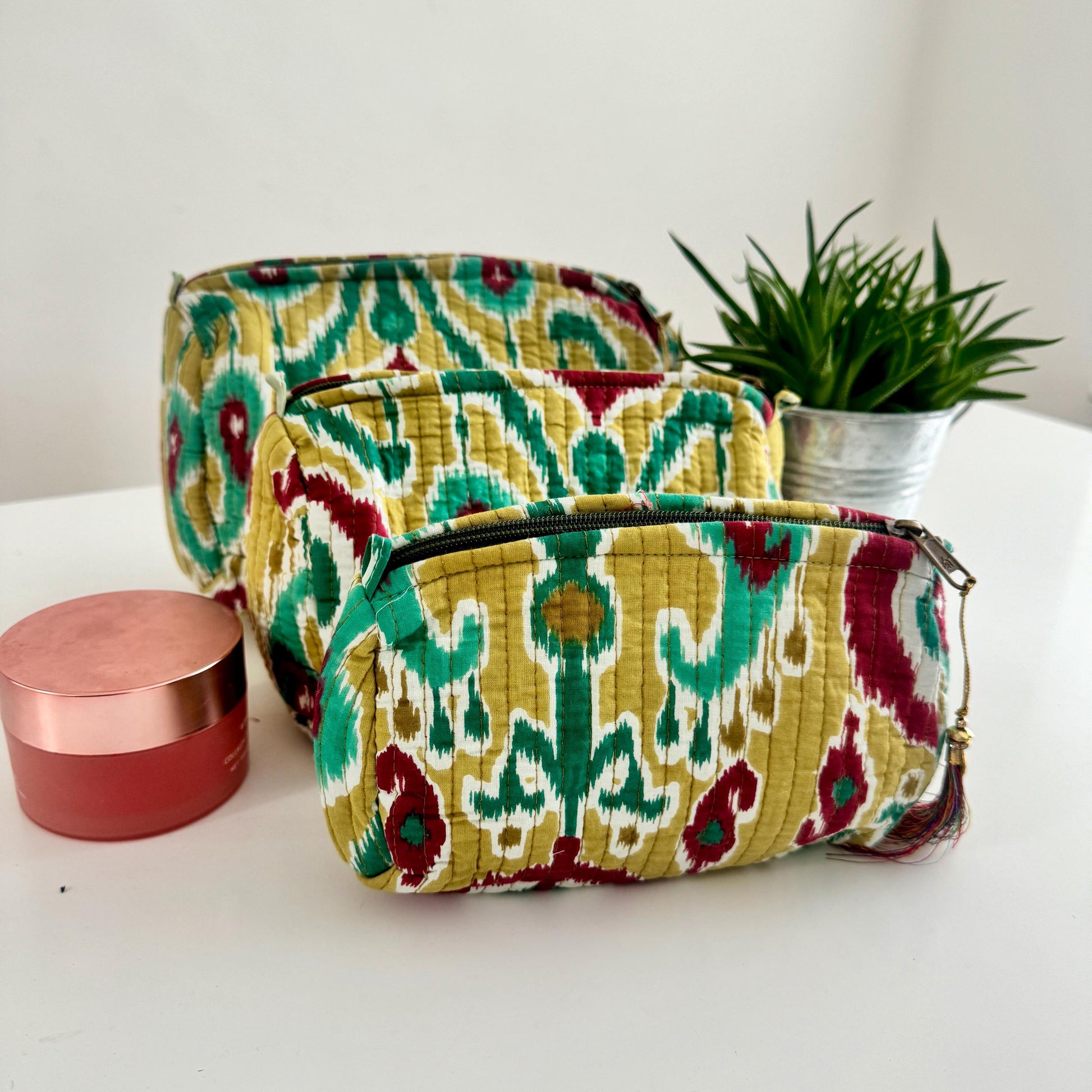 3 Piece Printed Cotton Quilted Makeup Bath Toiletry Bag Set - JayKayBoutiqueOnline