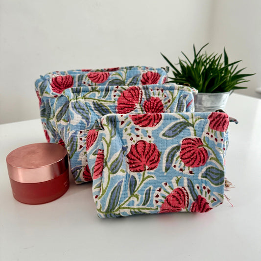 3 Piece Printed Cotton Quilted Makeup Bath Toiletry Bag Set - JayKayBoutiqueOnline