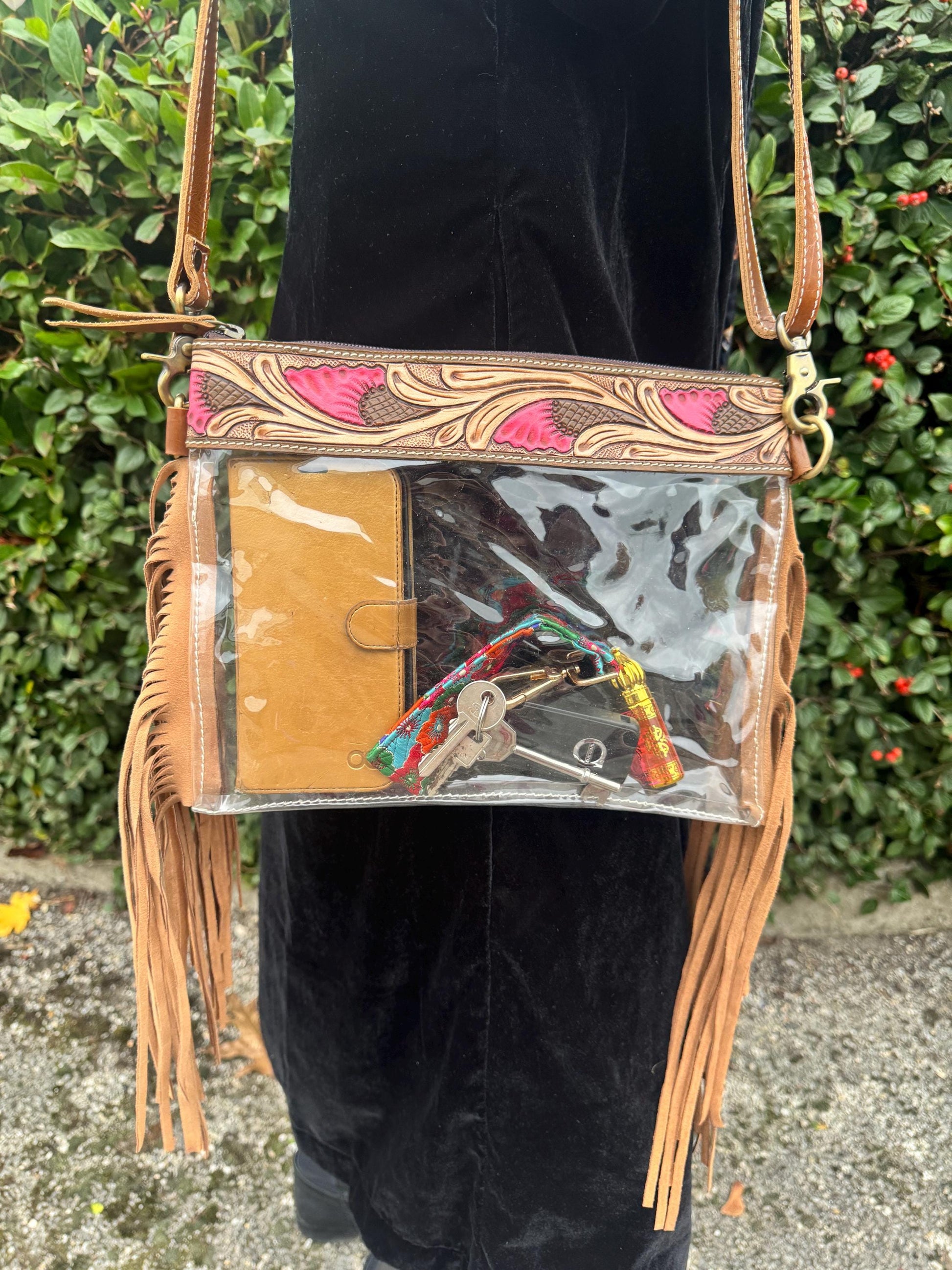Clear See Through Festival Bag with Tassels and Hand Tooled Leather - JayKayBoutiqueOnline