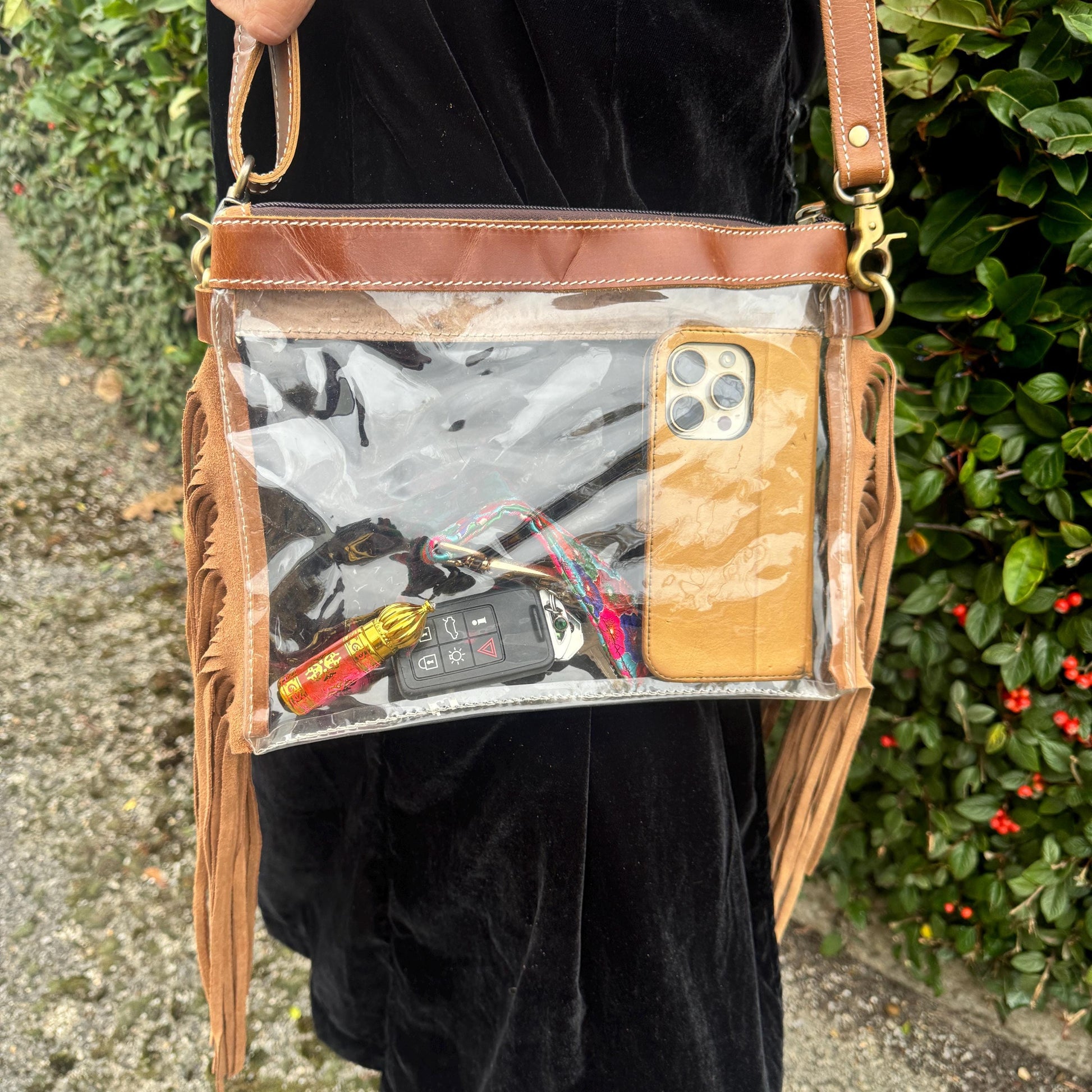 Clear See Through Festival Bag with Tassels and Hand Tooled Leather - JayKayBoutiqueOnline