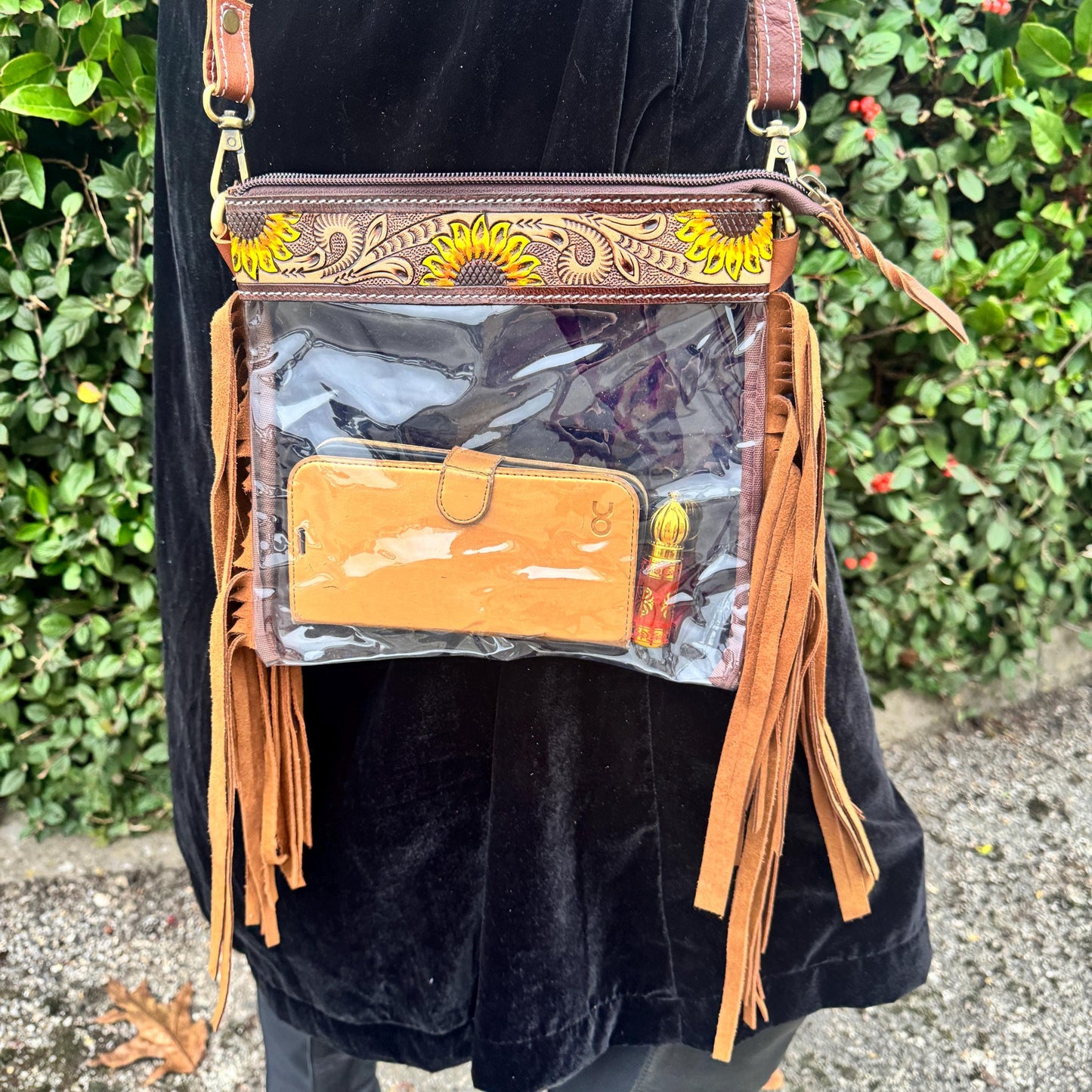 Clear See Through Festival Bag with Tassels and Hand Tooled Leather - JayKayBoutiqueOnline