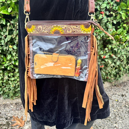 Clear See Through Festival Bag with Tassels and Hand Tooled Leather - JayKayBoutiqueOnline