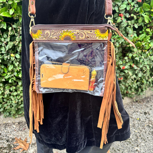 Clear See Through Festival Bag with Tassels and Hand Tooled Leather - JayKayBoutiqueOnline