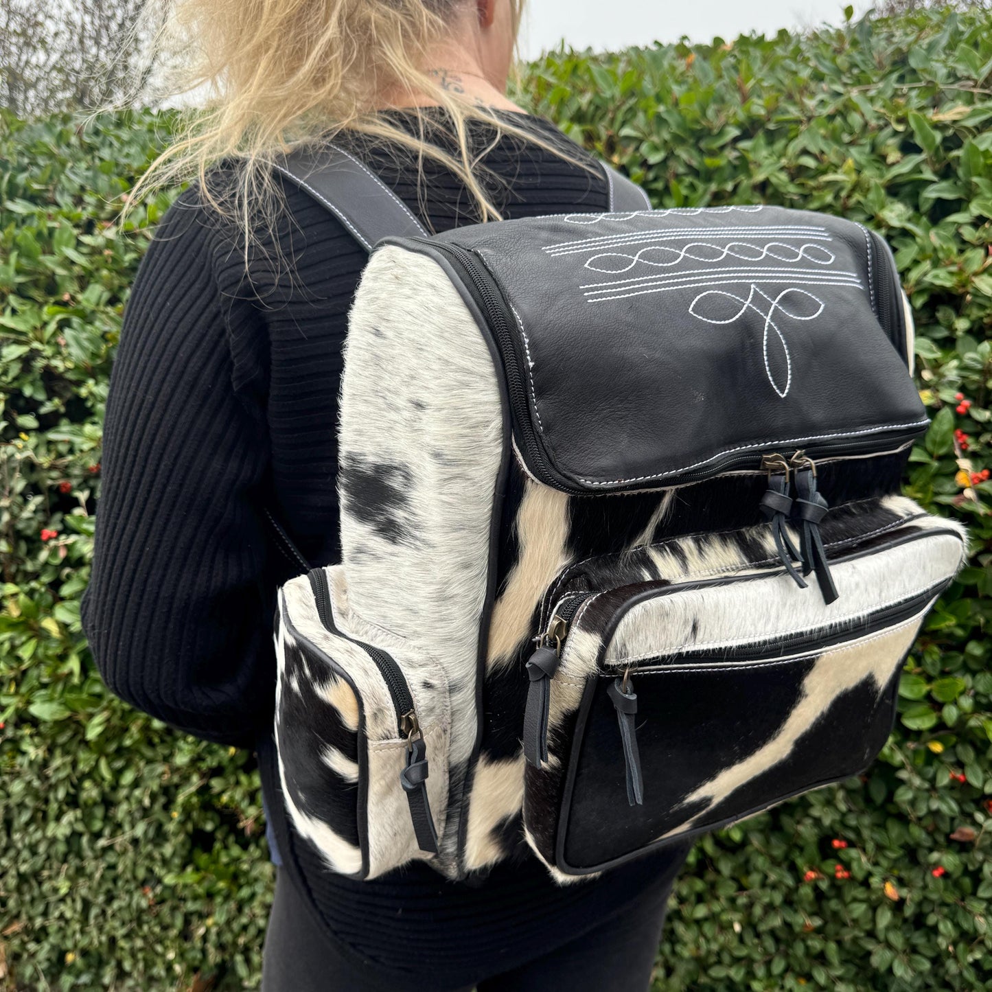 Large Backpack Leather and Cowhide Multiple Zip Pockets Padded Adjustable Shoulder Straps with Top Handle - JayKayBoutiqueOnline