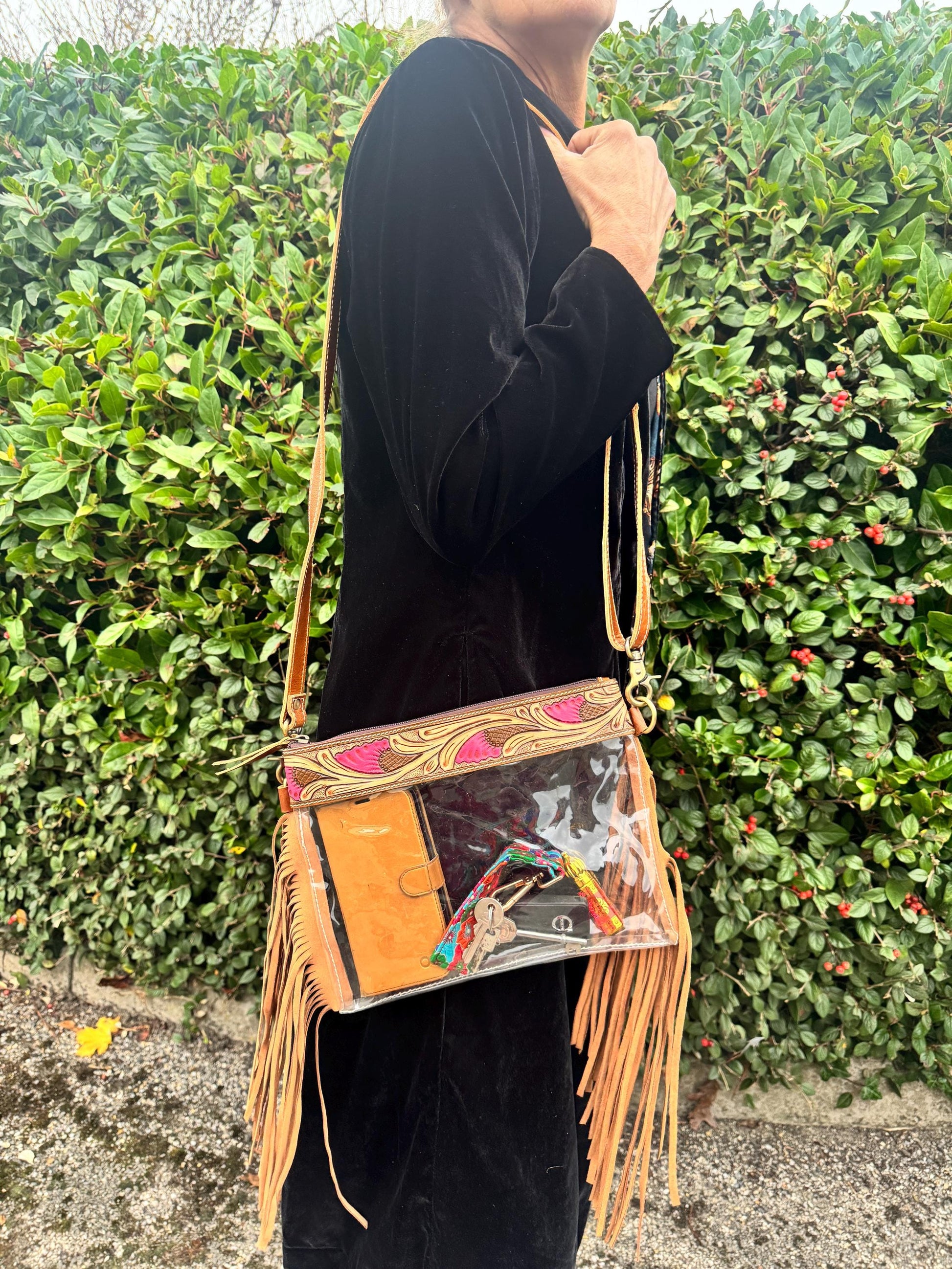 Clear See Through Festival Bag with Tassels and Hand Tooled Leather - JayKayBoutiqueOnline
