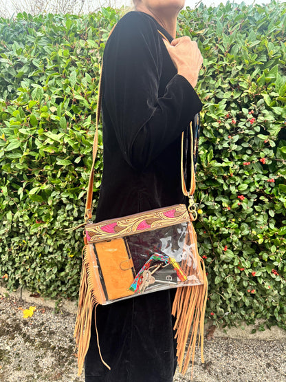 Clear See Through Festival Bag with Tassels and Hand Tooled Leather - JayKayBoutiqueOnline