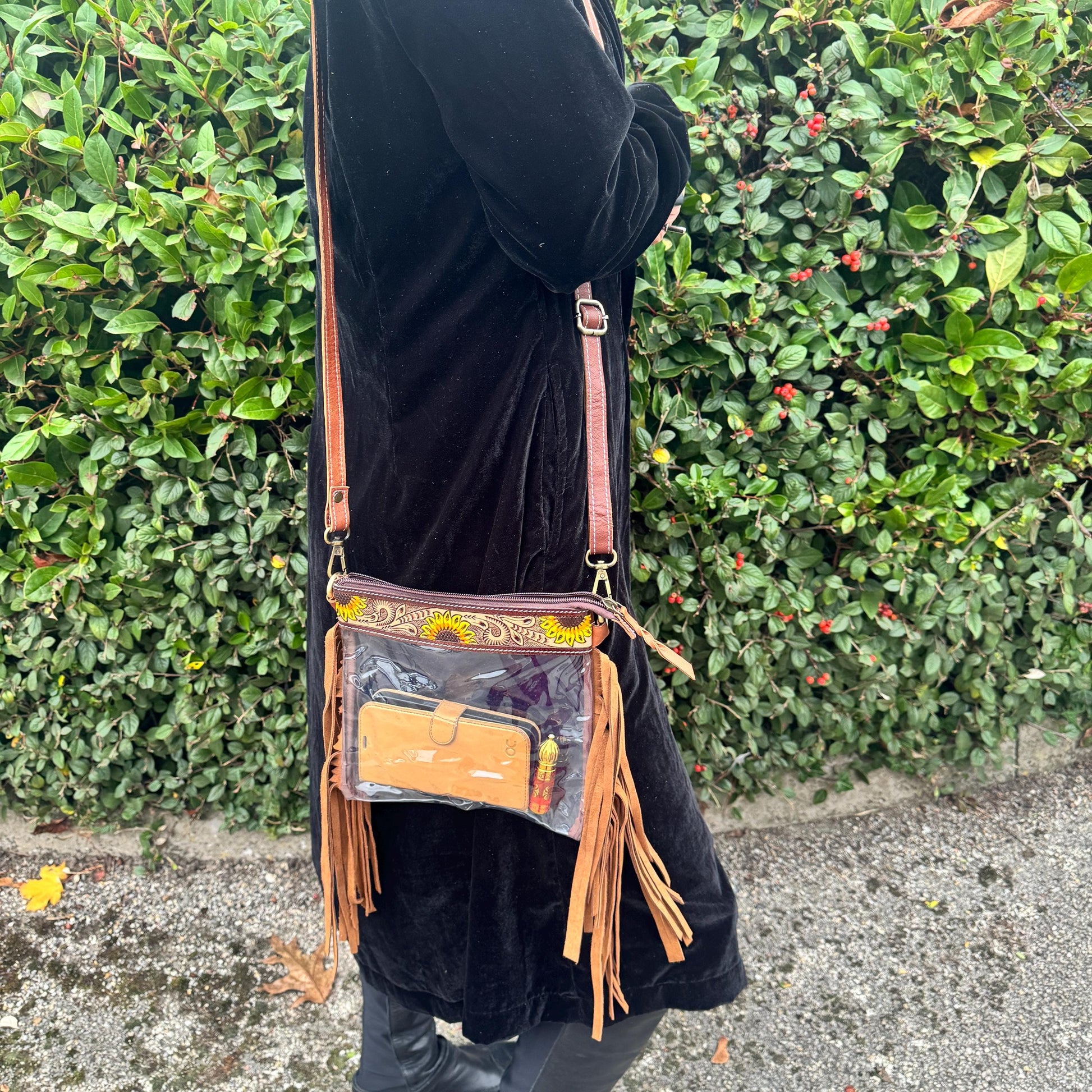 Clear See Through Festival Bag with Tassels and Hand Tooled Leather - JayKayBoutiqueOnline