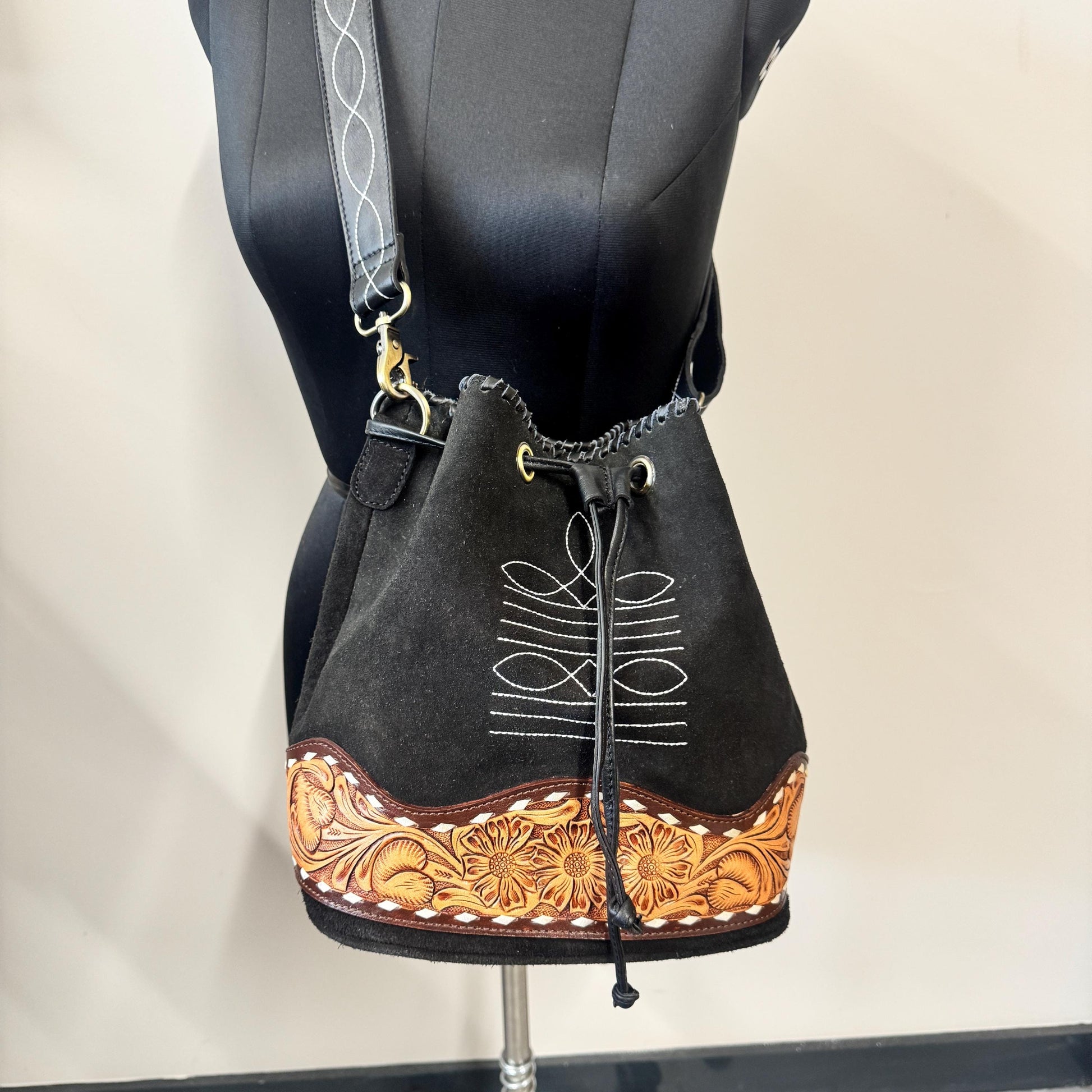 Hand Tooled Leather and Suede Bucket Bag - JayKayBoutiqueOnline