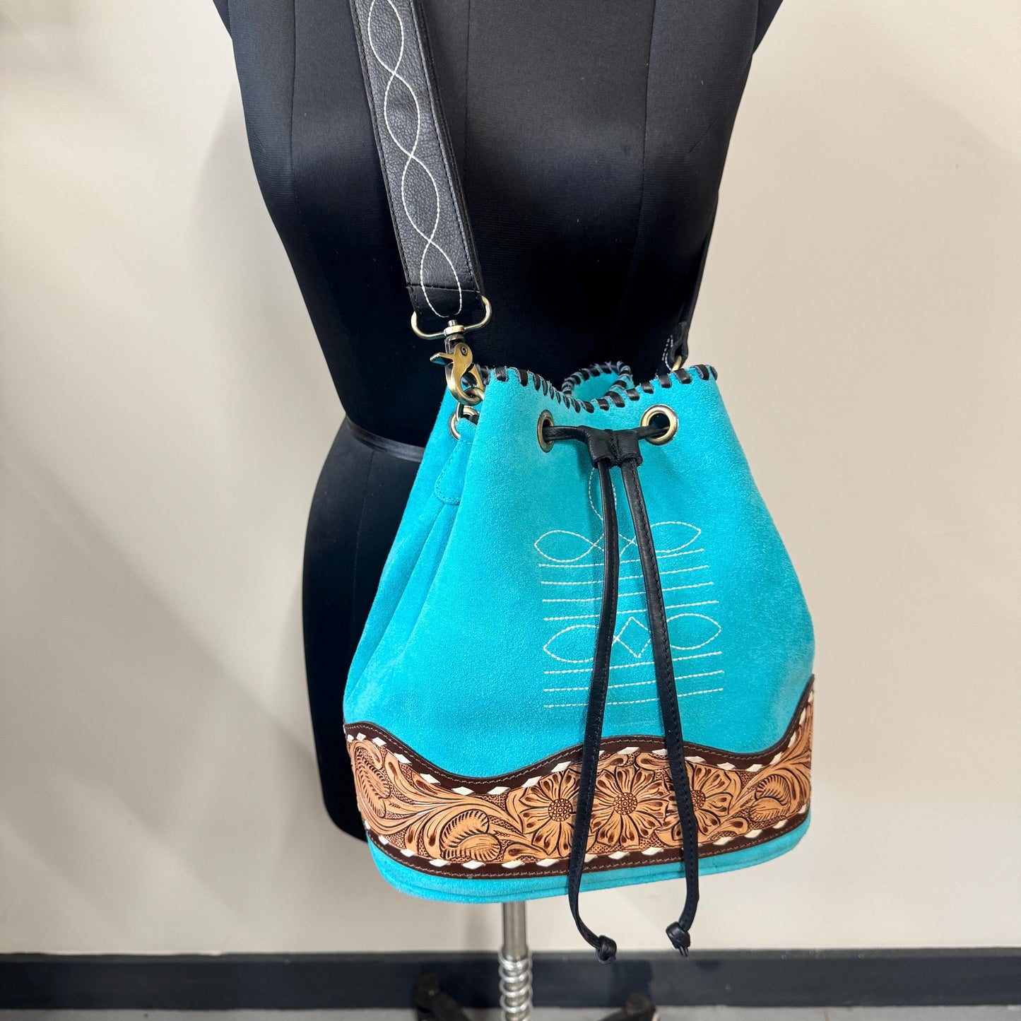 Hand Tooled Leather and Suede Bucket Bag - JayKayBoutiqueOnline
