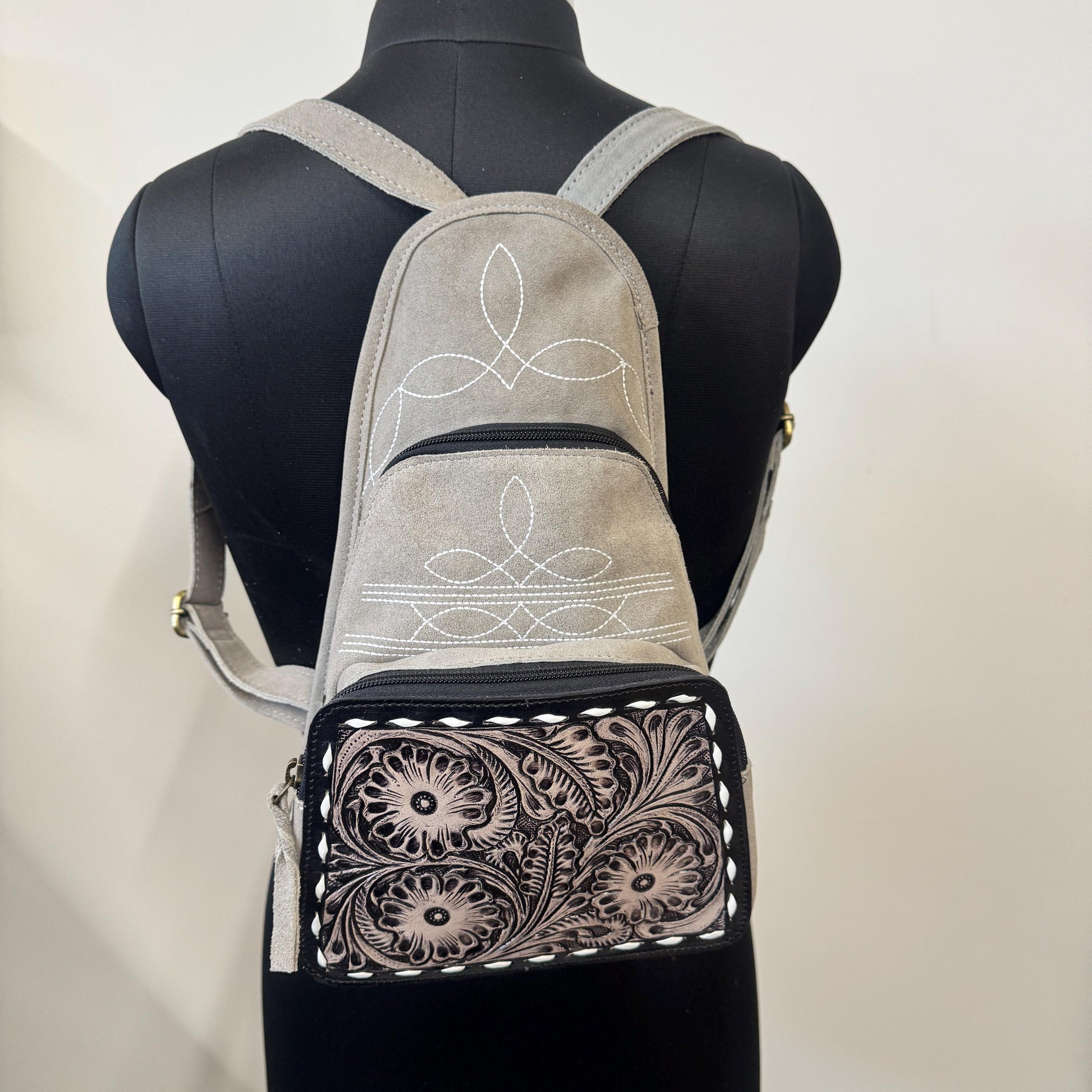 Hand Carved Leather and Suede Backpack - JayKayBoutiqueOnline