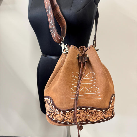 Hand Tooled Leather & Suede Bucket Bag - JayKayBoutiqueOnline