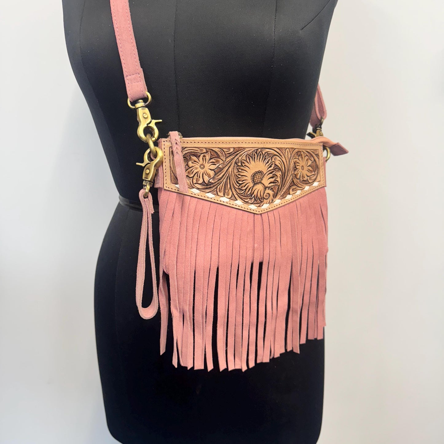 Hand Carved Leather and Suede Fringed Crossbody Wrist Clutch Bag - JayKayBoutiqueOnline