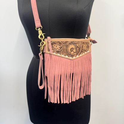 Hand Carved Leather and Suede Fringed Crossbody Wrist Clutch Bag - JayKayBoutiqueOnline